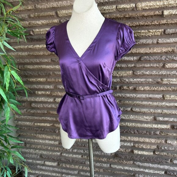 INC International Concepts Purple Stretch Silk Puffy Sleeve Faux Wrap Blouse - Picture 9 of 11